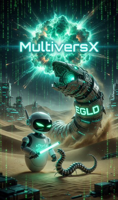 A sci-fi digital artwork featuring a robot labeled 'xPortal,' a large mechanical worm labeled 'EGLD,' and a scorpion in a desert, with the text 'MultiversX' against a green nebula and code background.