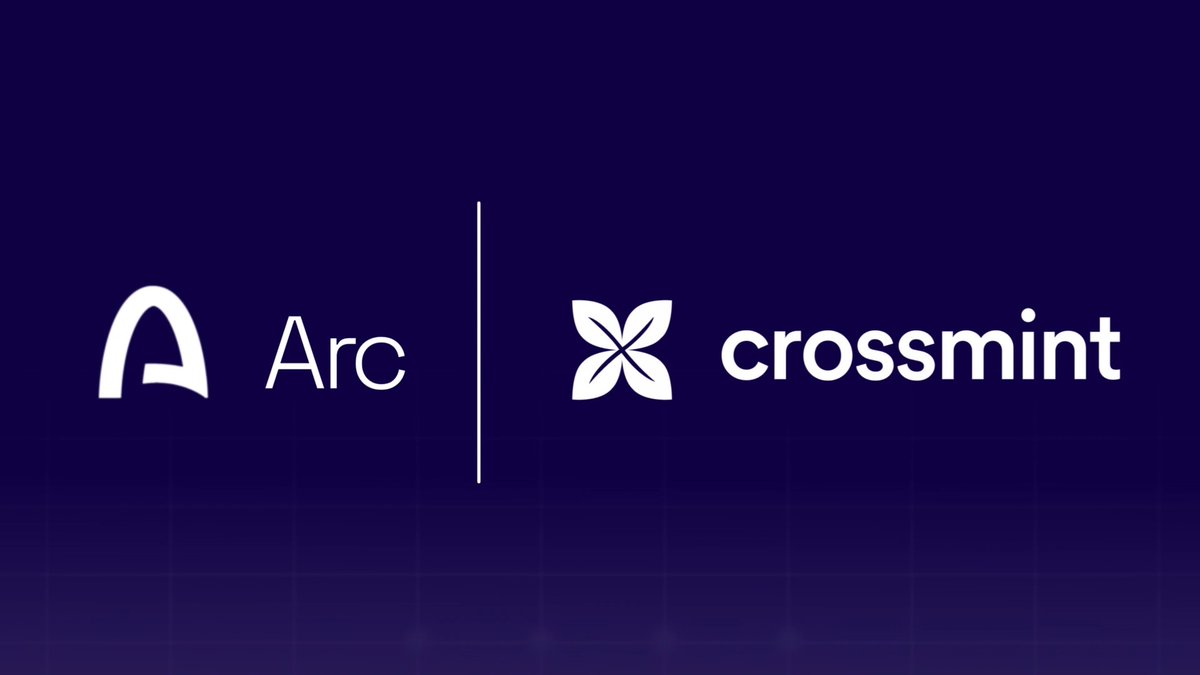 A partnership announcement graphic featuring the 'Arc' and 'crossmint' logos displayed side by side on a dark blue background.