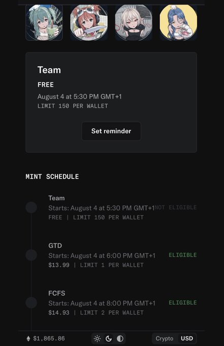 The image displays the minting schedule for a project, with "Team" minting for free at 5:30 PM GMT+1, "GTD" at 6:00 PM GMT+1 for $13.99, and "FCFS" at 8:00 PM GMT+1 for $14.93 on August 4th. This directly relates to the post's mention of minting details, price, and supply for @momoyumemi.