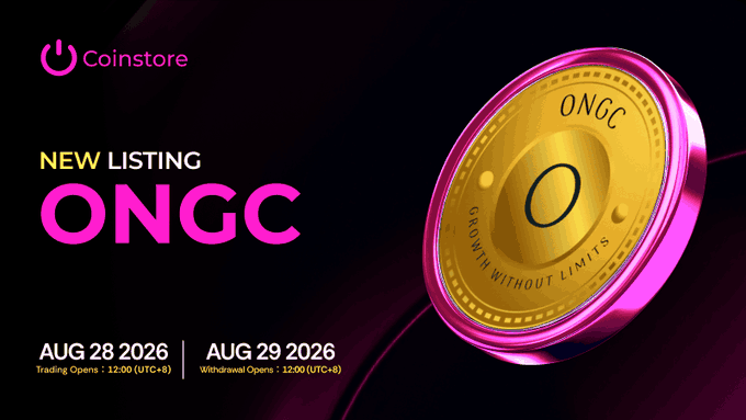 A Coinstore promotional graphic announcing 'NEW LISTING ONGC' with dates 'AUG 28 2026' and 'AUG 29 2026', featuring a gold and pink coin design with 'GROWTH WITHOUT LIMITS'.