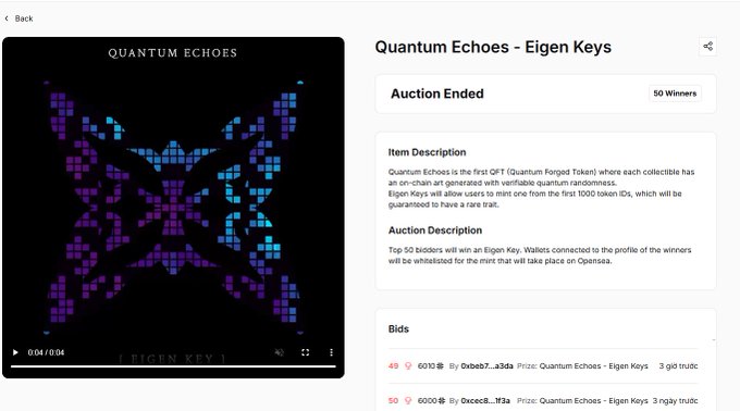 Screenshot of an ended auction page for 'Quantum Echoes - Eigen Keys' with 50 Winners, showing bids by users 0x0eb7...a3da and 0xecc8...ff3a.