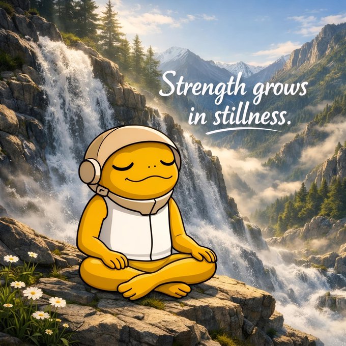The image features a cartoon frog sitting cross-legged with its eyes closed, as if meditating or taking a break from his daily activities. The background of the image shows a waterfall surrounded by trees, creating a serene and peaceful atmosphere. Below the waterfall, there is text that reads "strengths grow in stillness". This quote emphasizes the idea that moments of tranquility can lead to personal growth and strength.