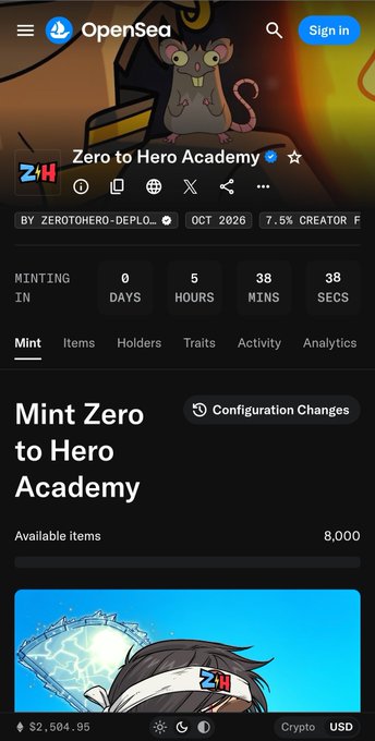An OpenSea mobile page for a 'Zero to Hero Academy' NFT collection by ZEROT0HERO-DEPLO..., showing a mint countdown of 5 hours, 38 minutes, 38 seconds, with a floor price of $2,504.95.