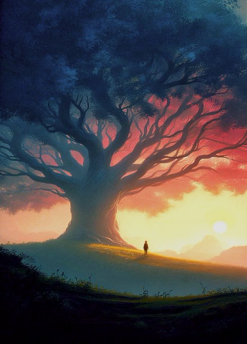 A digital painting of a lone figure standing beneath a massive, sprawling tree silhouetted against a vivid sunset sky.