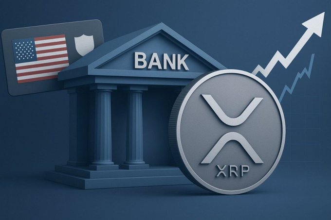 A 3D illustration of a bank building with "BANK" text, an American flag, and a large "XRP" cryptocurrency coin alongside an upward-pointing growth arrow.