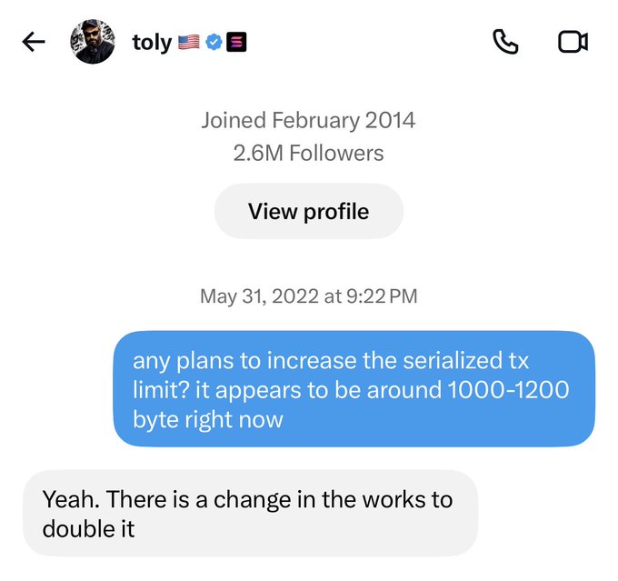 A Twitter DM conversation shows user "toly" asking about plans to increase the serialized transaction limit, followed by a reply stating there is a change to double it.
