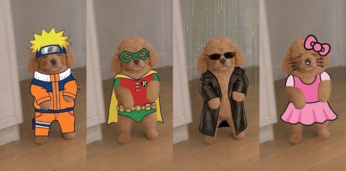 Four adorable poodles are digitally dressed up as famous characters: Naruto, Robin from Batman, Neo from The Matrix, and Hello Kitty. The post appears to be requesting that the recipient (@AlbertMacGloan) create a meme or edit, humorously referencing "ATH" (all-time high) as if the costumes represent the escalating "drip" or peak of a trend.