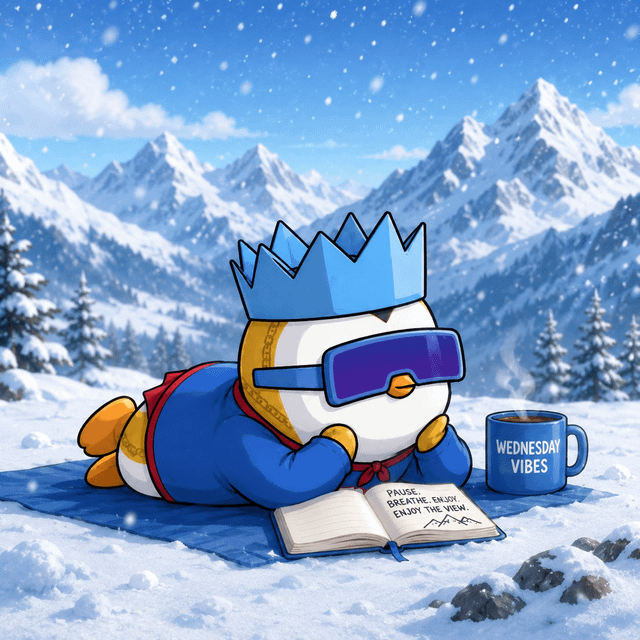 The image features a cartoon penguin wearing a blue suit and a crown sitting on a blanket in the snow with an open book in front of him. The text "Happy Wednesday, $PENGU Morning!" is written above the penguin's head. This scene appears to be related to the post about $PENGU Morning vibes that was shared earlier.