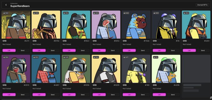 A screenshot of an NFT collection marketplace called 'SuperRareBears' showing multiple cartoon bear characters wearing Mandalorian-style helmets, each listed with different IDs and SRB price tags.