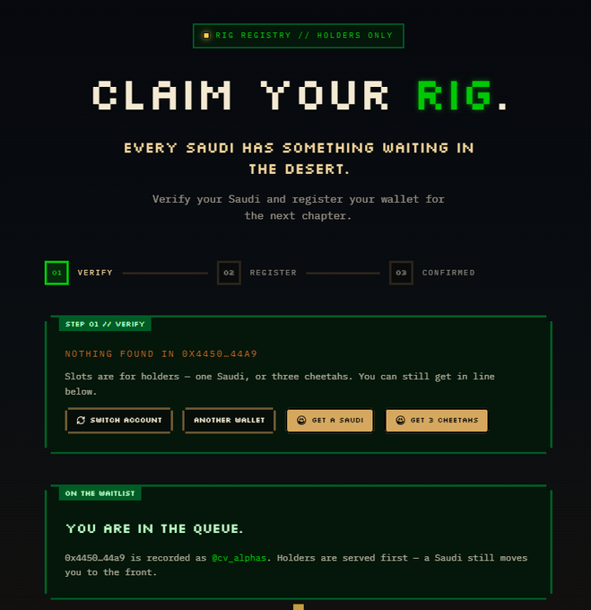 A 'Claim Your Rig' page for the Rig Registry stating 'Every Saudi has something waiting in the desert,' showing the user is on the waitlist with no Saudi found in wallet 0x4450...44A9.