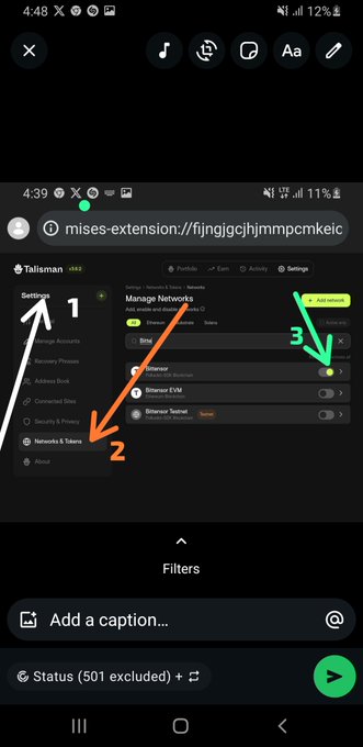 The image shows a phone screen with an app called Talisman Wallet displayed. The app has several options that can be accessed by swiping through the different tabs or buttons. There are two main tabs visible, one of which is labeled "Add a caption". This could be used for adding text to a post on social media platforms like Twitter and Facebook. Another tab shows a list of network settings, including the native Bittensor network and tokens that can be set up using the native browser extension. The image also contains some text related to the app's features or instructions, which may help users understand how to use the app effectively.