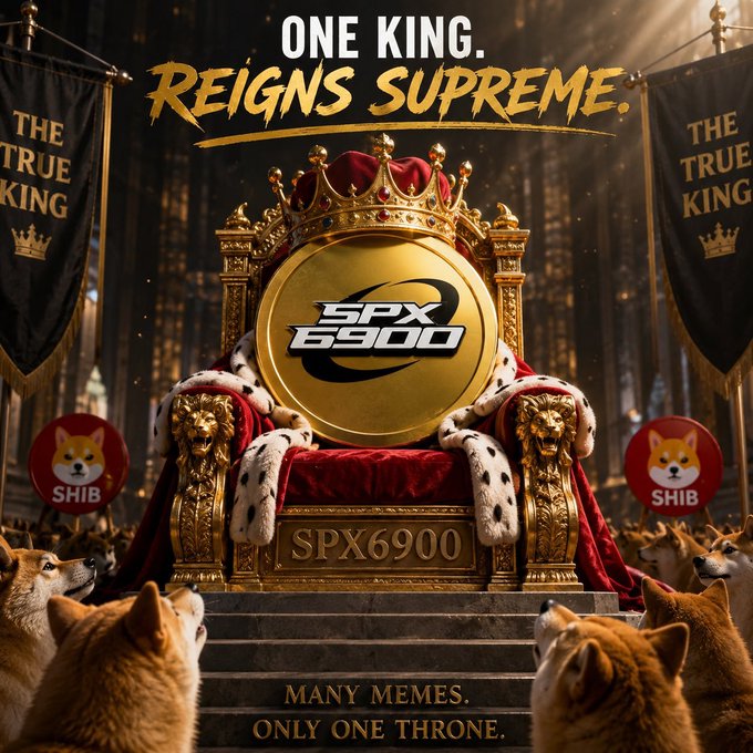 The image depicts an opulent throne room where a golden throne displays the "SPX6900" coin/medallion as its centerpiece, flanked by "THE TRUE KING" banners and surrounded by Shiba Inu dogs wearing SHIB tags. Bold text reads "ONE KING. REIGNS SUPREME." and "MANY MEMES. ONLY ONE THRONE.", visually reinforcing the post's message that SPX6900 is the rightful crypto king—even on a SHIB-focused account.