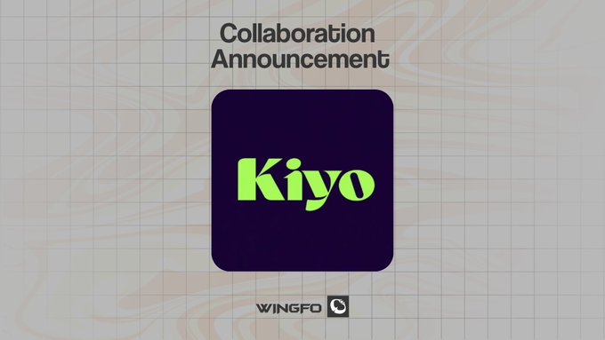 A collaboration announcement graphic featuring the "Kiyo" NFT logo (stylized in bright green text on a dark purple rounded square) centered on a marbled background, with "WINGFO" branding at the bottom—promoting a partnership with the Kiyo collection of 4,444 unique robot-style NFTs.