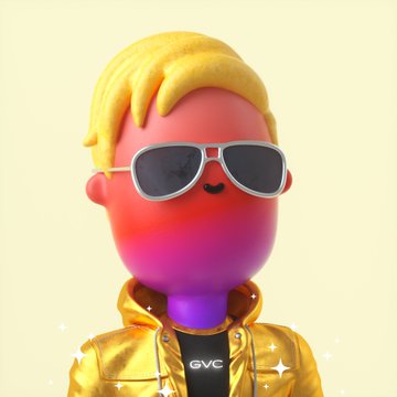 A 3D cartoon-style character with pink skin, blonde hair, and aviator sunglasses wears a golden jacket featuring the "GVC" logo, representing the Good Vibes Club NFT collection mentioned in the celebratory post.