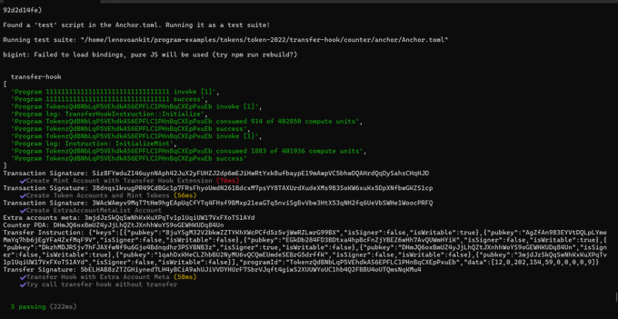 A terminal output showing a successful Anchor test suite run for a 'transfer-hook' program, with all 3 tests passing in 122ms.