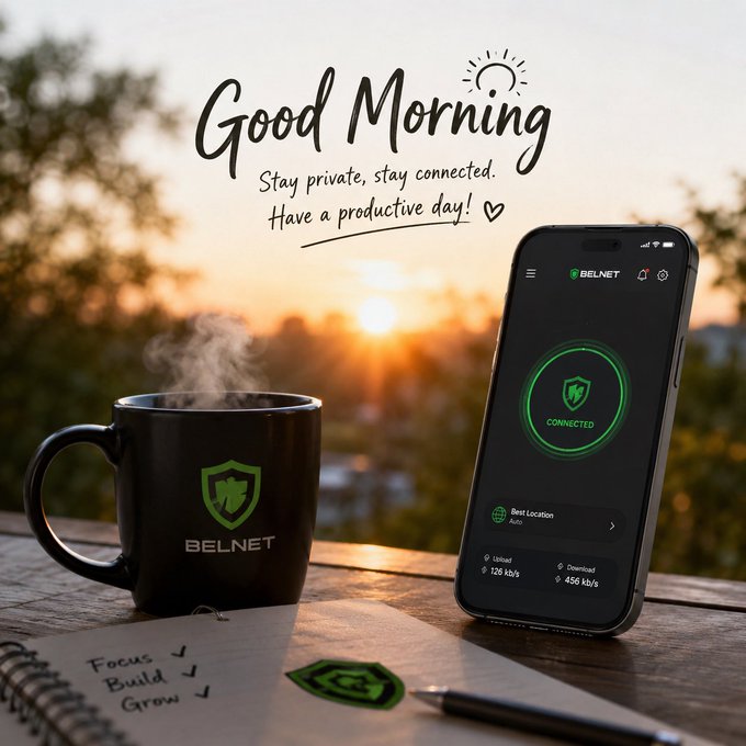 A 'Good Morning' graphic showing a steaming black 'BELNET' mug next to a smartphone displaying a 'CONNECTED' VPN screen, with a sunset in the background and a notebook listing 'Focus ✓ Build ✓ Grow ✓'.