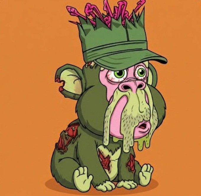 A cartoon drawing of a zombie monkey wearing a green cap, featuring pink brain matter exposed, tattered fur, and an angry expression.