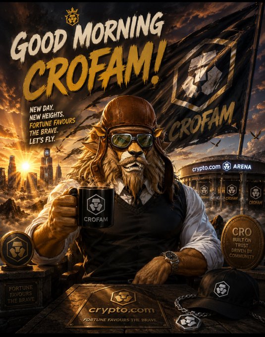 A Crypto.com promotional poster featuring a lion-headed aviator holding a 'CROFAM' mug, with text reading 'Good Morning CROFAM!', 'NEW DAY. NEW HEIGHTS. FORTUNE FAVOURS THE BRAVE. LET'S FLY.', and 'crypto.com ARENA' visible in the background.