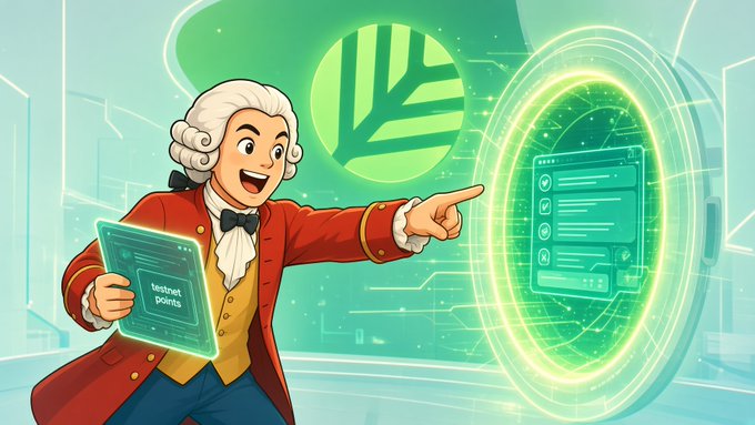 A colorful cartoon illustration of a smiling character in 18th-century attire (red coat, powdered wig, bow tie) holding a holographic tablet labeled "testnet points" and pointing toward a glowing green portal with digital interfaces.