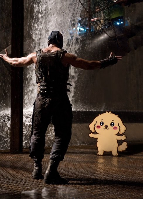 A muscular figure in dark tactical gear stands with arms outstretched in a rainy, industrial setting, while a small cartoon dog character watches from the right.