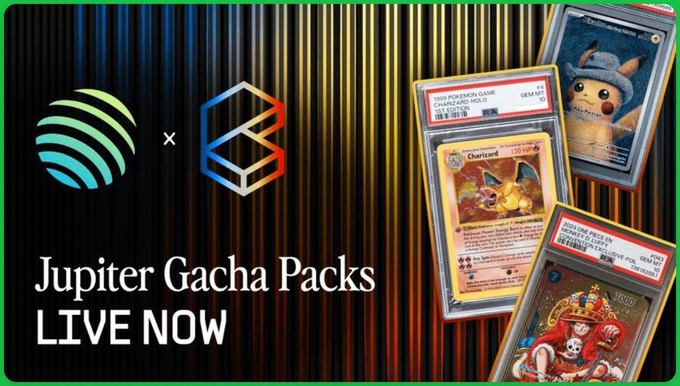 Promotional banner for "Jupiter Gacha Packs" now live, featuring the Jupiter and Solana logos alongside graded Pokémon cards including Charizard, Pikachu, and Jirachi.