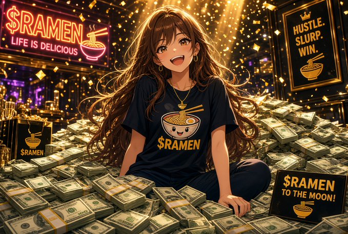 An anime-style illustration of a smiling girl wearing a '$RAMEN' t-shirt sitting on massive piles of cash, with neon signs reading '$RAMEN LIFE IS DELICIOUS', 'HUSTLE. SLURP. WIN.', and '$RAMEN TO THE MOON!'.