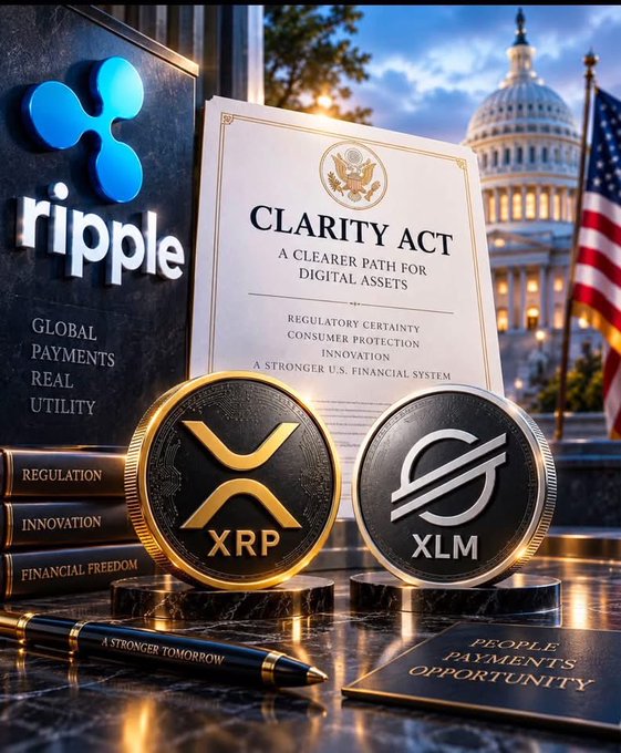 A promotional graphic featuring the Ripple logo, XRP and XLM coins, and a document titled 'CLARITY ACT: A Clearer Path for Digital Assets' with text about 'Regulatory Certainty,' 'Consumer Protection,' and 'Innovation,' set against the US Capitol building.