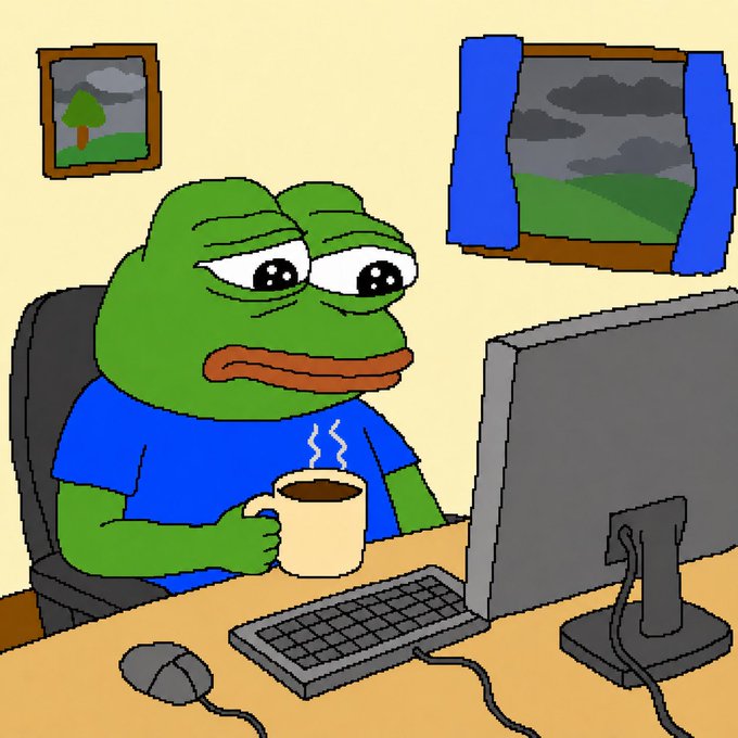 A cartoon illustration of a sad-looking Pepe the Frog character wearing a blue shirt, sitting at a desk with a computer monitor and keyboard while holding a steaming coffee mug.