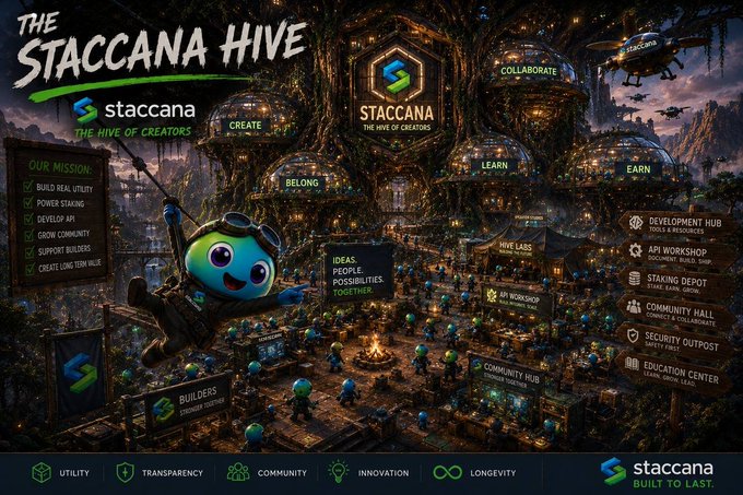 The image features a poster for StacVerse's Staccana Hive, which is an online community dedicated to creators, builders, holders, and believers who come together to collaborate, learn, earn, and grow. The poster showcases a vibrant scene of various characters interacting within the hub, surrounded by buildings that represent different aspects of the creative process. The colors used in the poster are predominantly blue and green, which further emphasize the theme of creativity and collaboration.