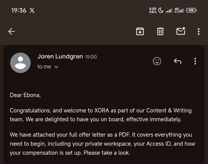 A welcome email from the Content & Writing team at Xora, addressed to someone named ebona. It says "Dear ebona" but likely meant to say "Dear Ebony".