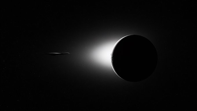 A dramatic black and white space image shows a planet silhouetted against a bright light source, with Saturn and its rings visible in the distance against a starry background.