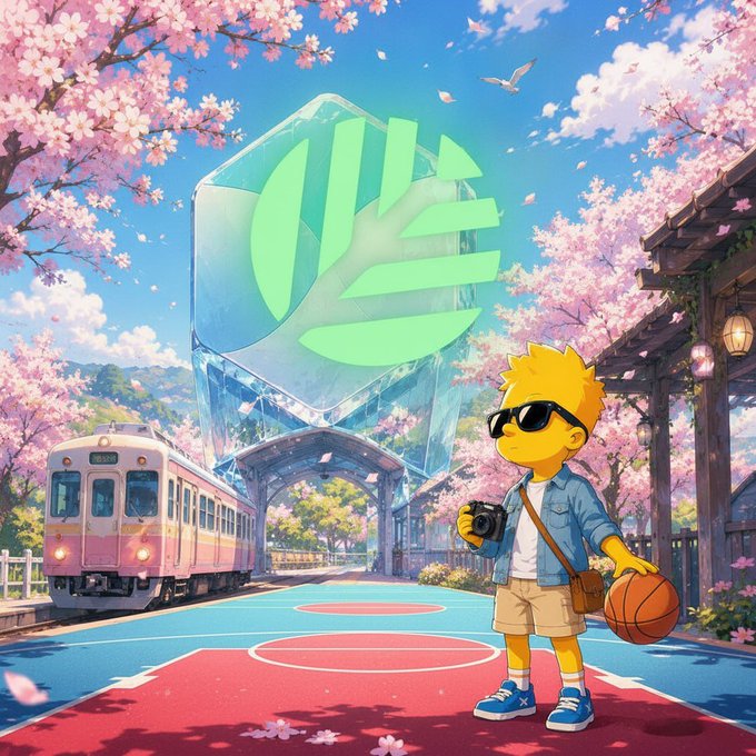 An anime-style illustration featuring a yellow-skinned character with sunglasses holding a camera and basketball, standing near a pink train with cherry blossoms and a glowing green cube structure in the background.