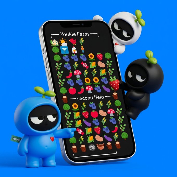 A 3D promotional illustration for 'Youkie Farm' shows cartoon characters with sprout heads interacting with a smartphone displaying a farming game with emoji crops.