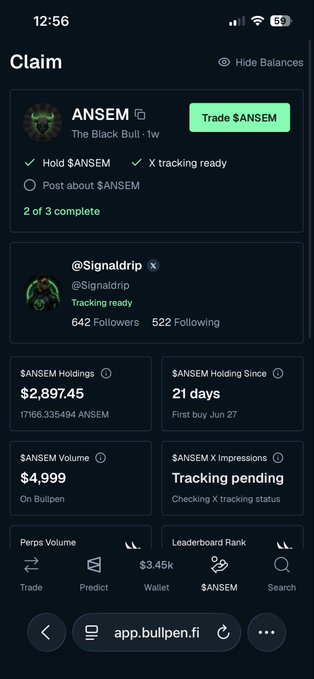 The image shows a Bullpen.fi dashboard where the user has held $ANSEM for 21 days, has $2,897.45 in holdings, and the $ANSEM X Impressions tracking is pending, which relates to the user's claim of missing an airdrop due to tracking issues.