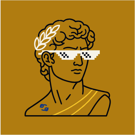 A stylized digital avatar of a figure with curly hair and a laurel wreath, wearing pixelated 'deal with it' sunglasses and a draped garment against a gold background.