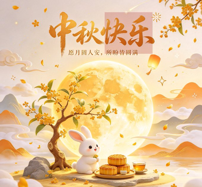 A Mid-Autumn Festival illustration with Chinese characters '中秋快乐' (Happy Mid-Autumn), featuring a white rabbit, mooncakes, a large moon, and an osmanthus tree.