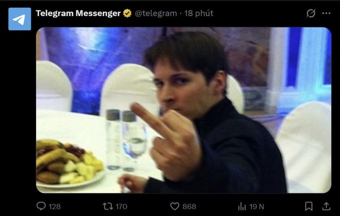 A Twitter/X post from "Telegram Messenger @telegram" shows a man at a banquet table raising his middle finger, with engagement metrics of 128 comments, 170 reposts, and 868 likes.