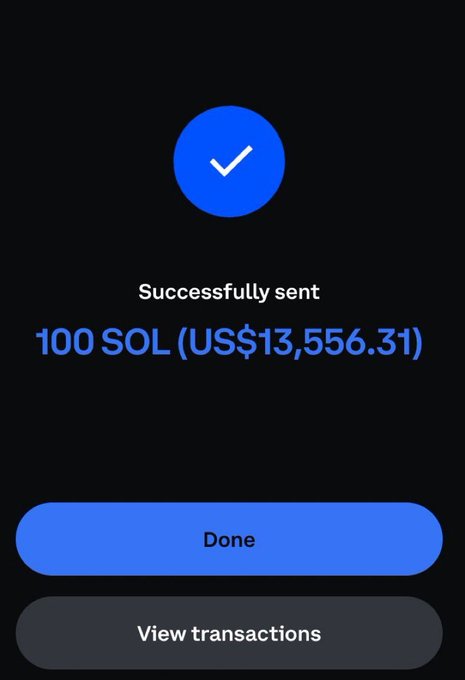 A cryptocurrency transaction confirmation screen showing 'Successfully sent 100 SOL (US$13,556.31)' with Done and View transactions buttons.
