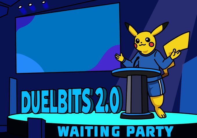 A cartoon Pikachu stands at a podium beside a large display screen in a blue event-stage setting. Bold text reads “DUELBITS 2.0” and “WAITING PARTY,” matching the post’s announcement of the DUELBITS 1.99 launch with minute-by-minute giveaways and $1,000 to be awarded.
