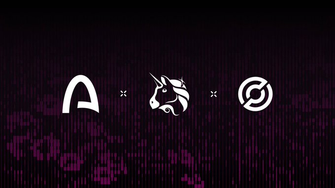 The image features a graphic design with three different logos placed at various positions. The first logo is an "A" positioned above another logo that looks like a unicorn. The third logo is a circle, which could be interpreted as a "X". These logos are set against a purple background and appear to be part of a larger graphic or poster related to cryptocurrency or blockchain technology.