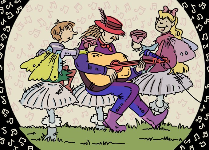 A circular cartoon illustration of three children in vintage dresses and one with a red hat playing guitar and singing, surrounded by musical notes on a black border.