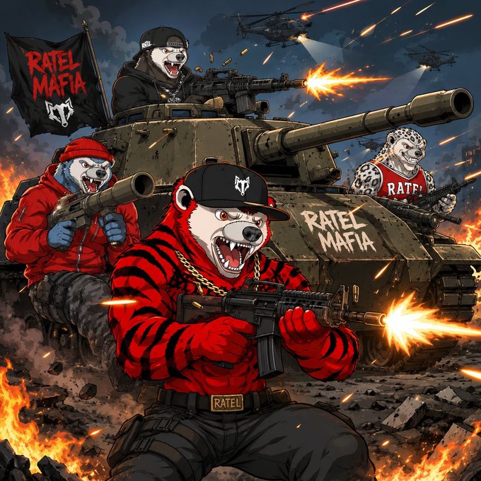 A fierce anthropomorphic honey badger clan branded as "RATEL MAFIA" fires heavy weaponry from atop a tank amid a fiery battlefield, with helicopters and explosions in the background. The bold, aggressive imagery of the fearless badger warriors visually embodies the "fearless honey badger mentality" and relentless resilience praised in the caption.