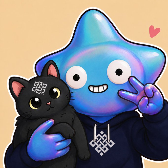 Cartoon illustration of a blue star-shaped character wearing a black hoodie with a blockchain logo, holding a black cat that has a QR code on its forehead, with a small pink heart in the corner.
