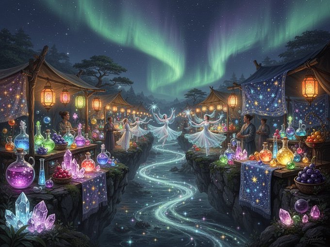 The image features a painting of a magical scene with floating bottles, which appear to be filled with various colored liquids. The artist has used a combination of purple, green, blue, and orange colors for the bottles, creating an enchanting atmosphere. In addition to the bottles, there are also people present in the painting, adding to the sense of wonder and magic. The overall theme of the artwork seems to be related to the concept of "ask June AIart" or a similar artistic project that explores themes of innovation, technology, and the future.