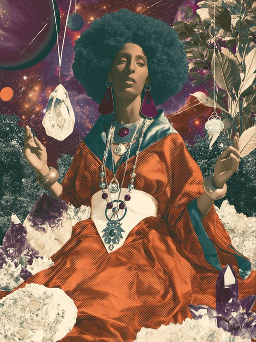 A surreal cosmic digital collage of a woman with an afro in an orange robe surrounded by crystals, plants, and planets.