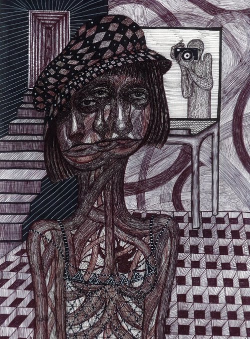 The image features a black and white drawing that depicts an unusual scene with a woman wearing a hat, standing next to a chair. The woman appears to be looking at something off-camera, possibly taking a picture of herself or someone else. The drawing is done in a sketchy style, which adds to its uniqueness. The post has been edited by @yianak1s and @kosaramiri_eth for the benefit of the artist, who has generously shared their work with them.