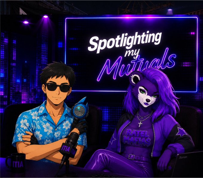 An illustration of an anime-style man and a purple anthropomorphic character with a neon sign reading 'Spotlighting my Mutuals' behind them.