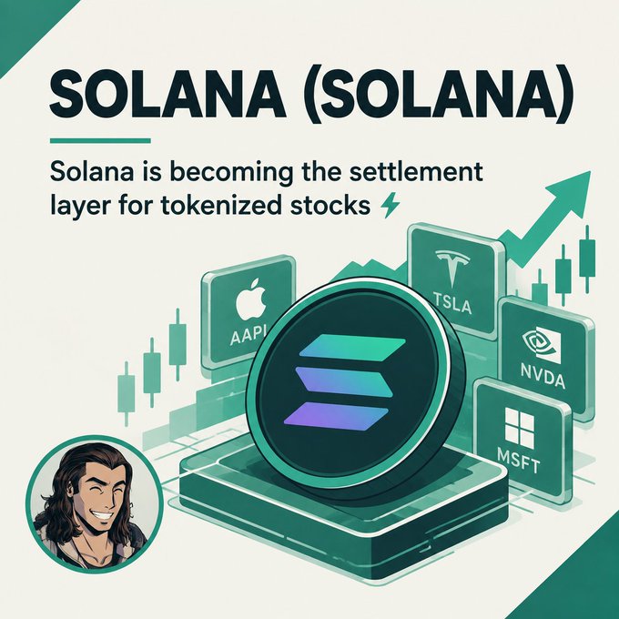 A promotional graphic for "SOLANA (SOLANA)" stating "Solana is becoming the settlement layer for tokenized stocks," with a Solana coin illustration surrounded by stock ticker symbols (AAPL, TSLA, NVDA, MSFT).