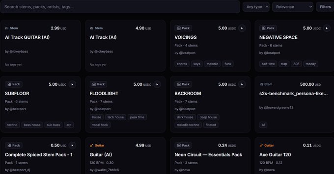 A marketplace search page displaying audio stems and packs (priced in USDC) from creators like @dokkeybass, @beatport, and @nowa, paired with a post about KORUS's export feature enabling automatic on-chain royalty settlements to original creators. The image showcases the type of audio assets whose creators would benefit from the frictionless, invoice-free payment distribution described in the post.