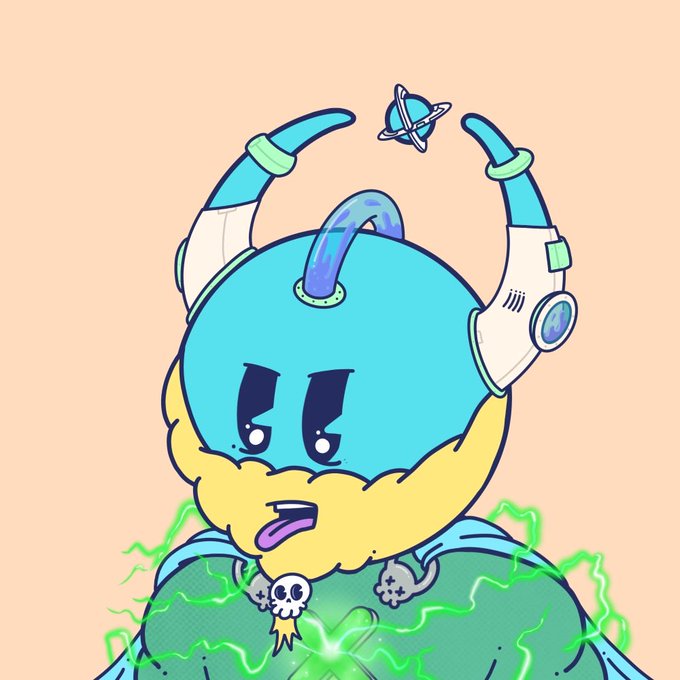 An illustration of a yellow character with blue hair wearing headphones, surrounded by green energy and small skull and controller accessories.